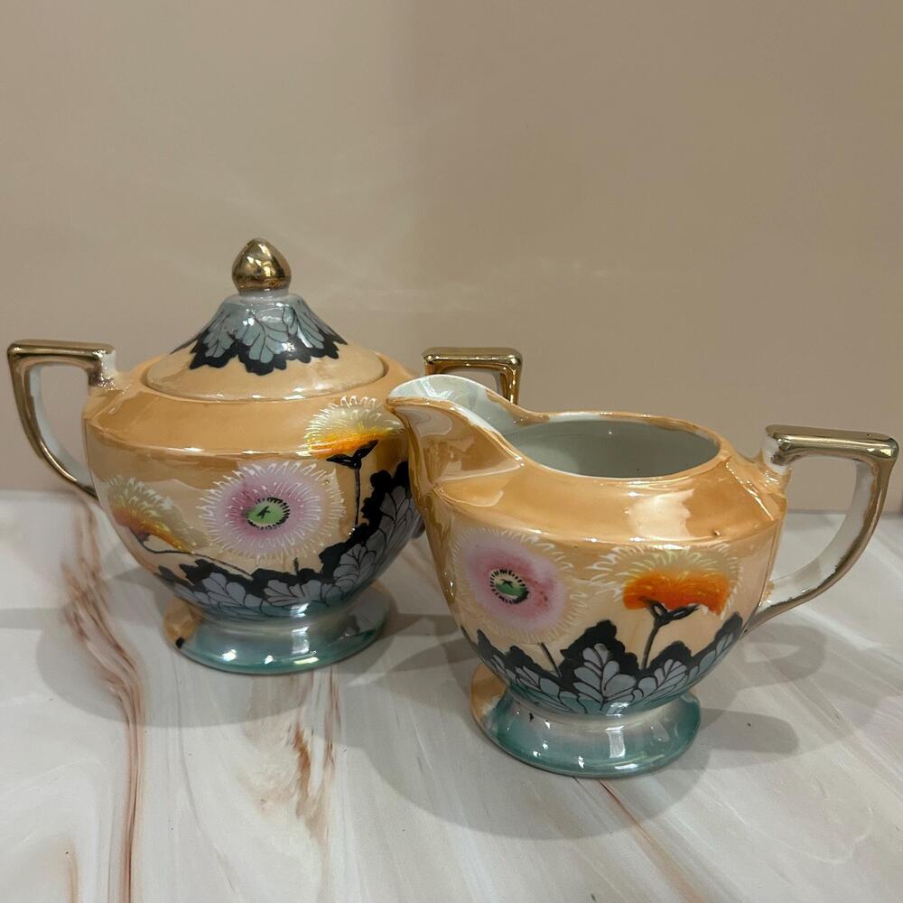 Vintage Japanese Lusterware Chrysanthemum Creamer & Sugar Bowl Set